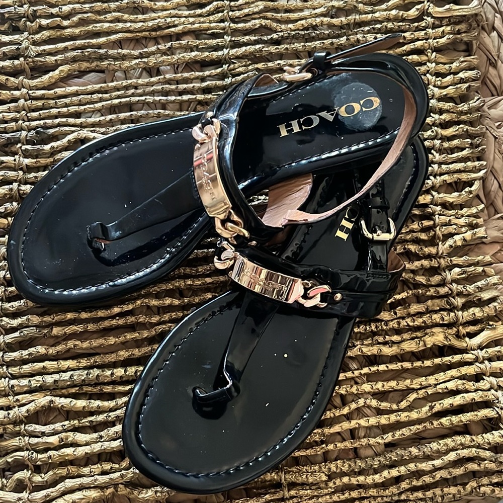 COACH Caterine Black Patent Leather T-strap sandals with Golden Touch